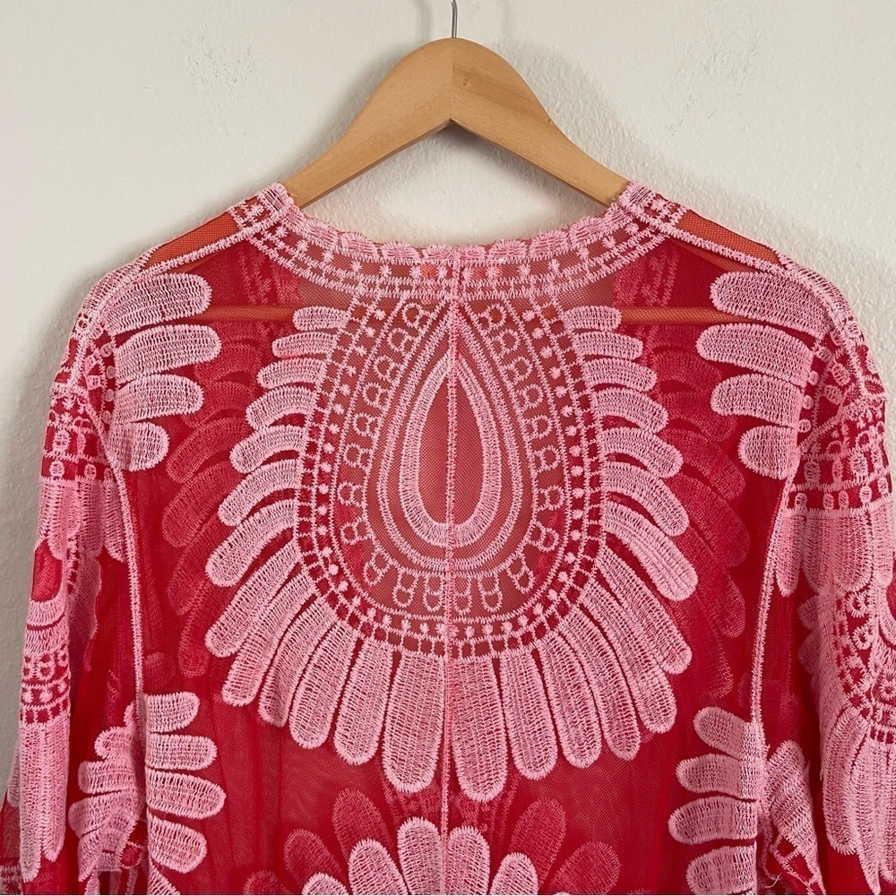 Ember Swimwear Cover-Up Embroidered Floral Kimono Duster Red Pink Size Medium - Picture 6 of 10
